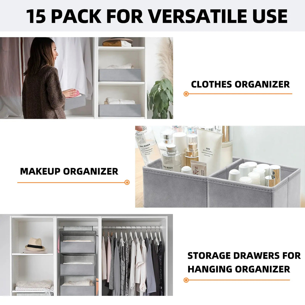 15-Piece Drawers Clothes Organizer - Reinforced Thick Fabric Foldable Storage Box with Divided Compartments