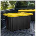 Large Storage Bin, 27 Gallon Durable Plastic Storage Tote with Snap-On Lid, Black and Yellow, 6 Pack